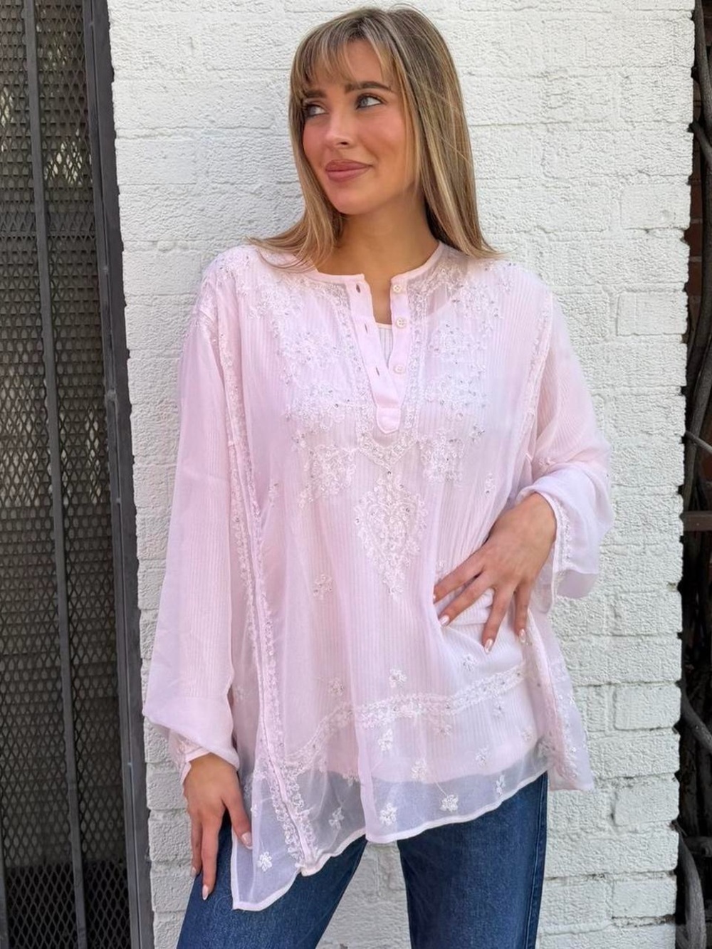 Vtg diama Marco Pink sheer embroidered blouse with bell sleeves sz L #fairycore